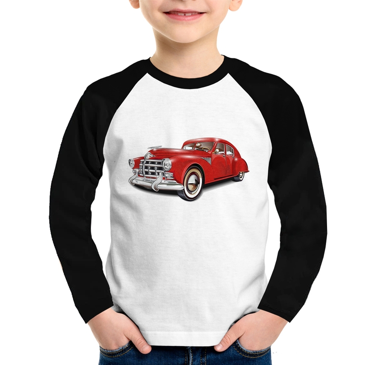 Camiseta Raglan Infantil Retro Classic Red Car Manga Longa