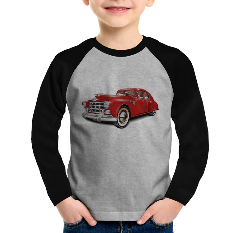 Camiseta Raglan Infantil Retro Classic Red Car Manga Longa - Cinza/Preto