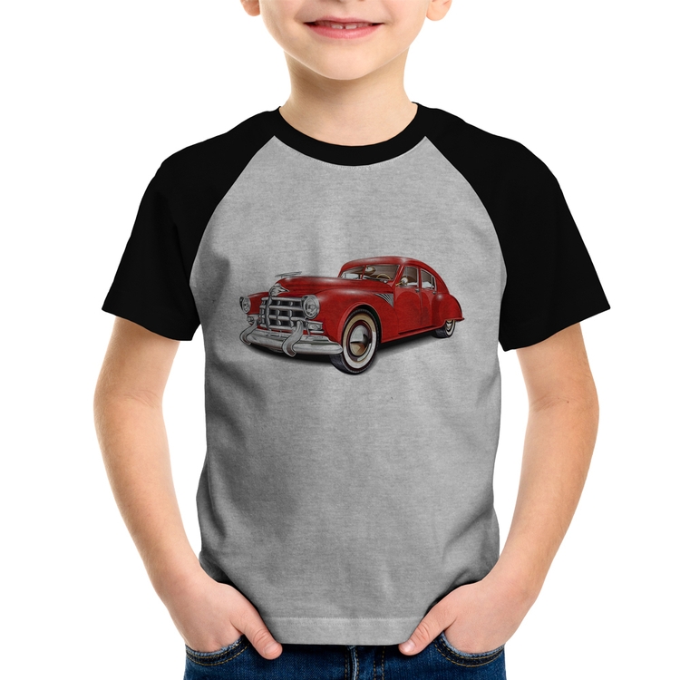Camiseta Raglan Infantil Retro Classic Red Car - Cinza/Preto