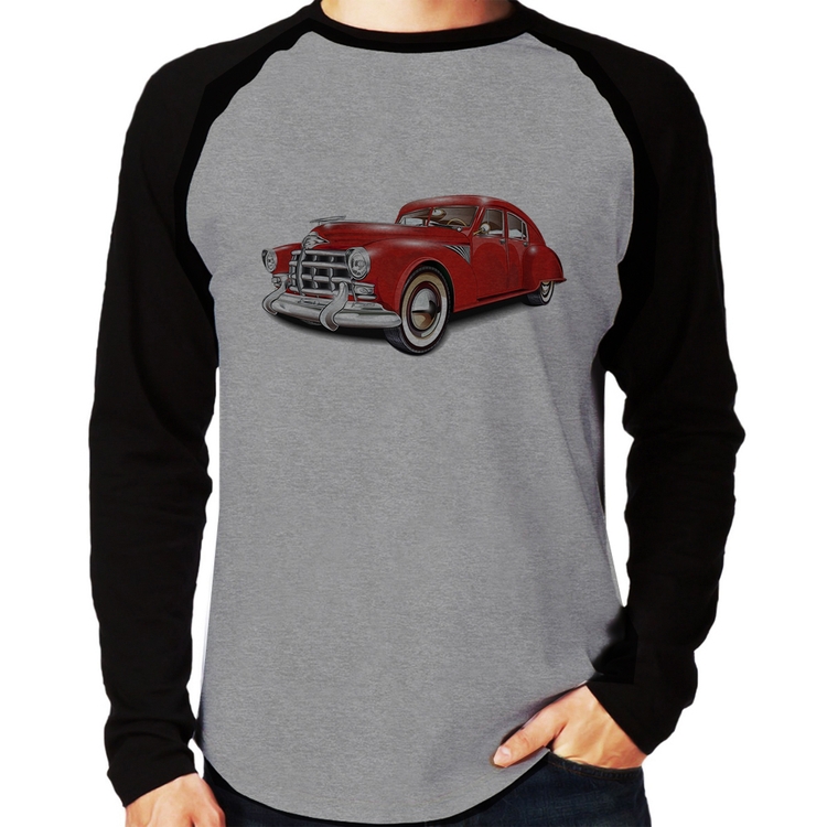Camiseta Raglan Retro Classic Red Car Manga Longa - Cinza/Preto