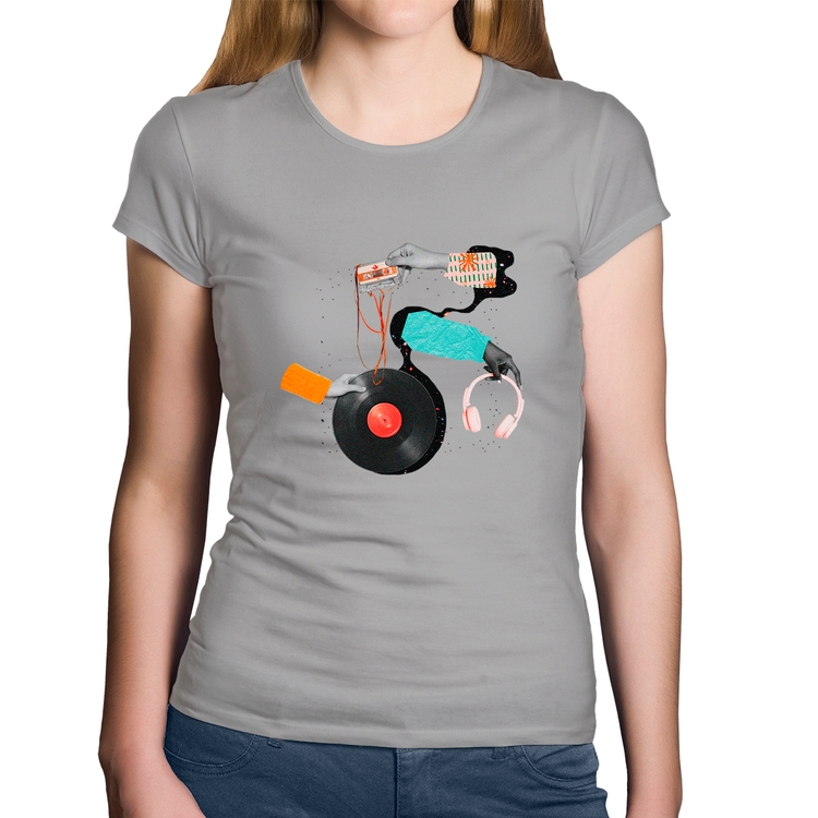 Baby Look Algodão Retro Music - Cinza