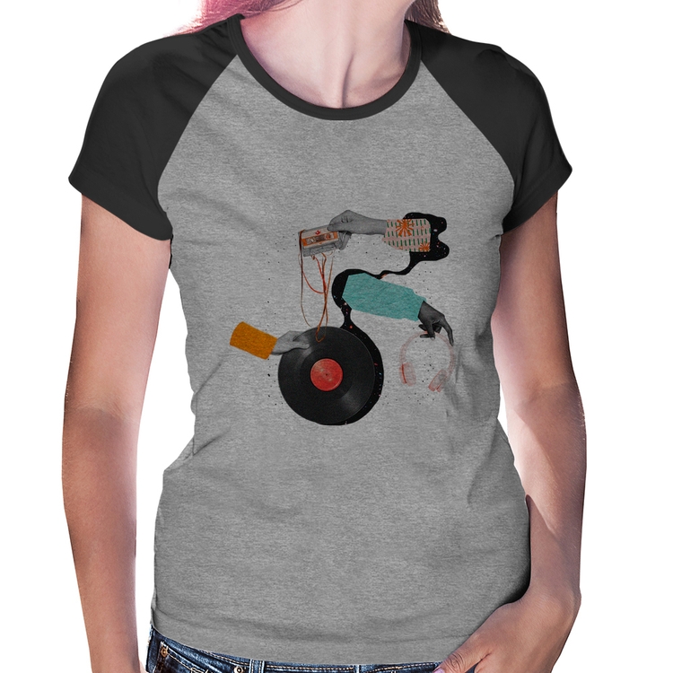 Baby Look Raglan Retro Music - Cinza/Preto