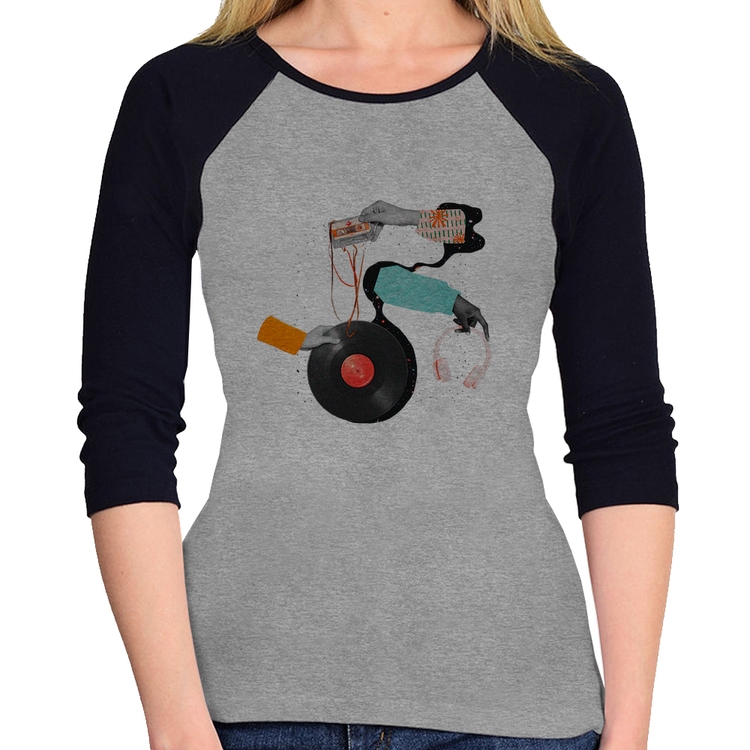 Baby Look Raglan Retro Music Manga 3/4 - Cinza/Preto