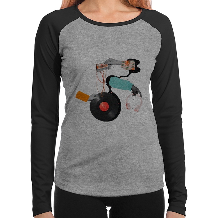 Baby Look Raglan Retro Music Manga Longa - Cinza/Preto
