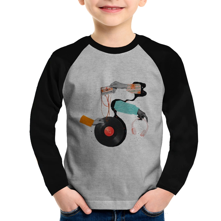 Camiseta Raglan Infantil Retro Music Manga Longa - Cinza/Preto