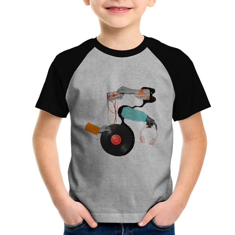 Camiseta Raglan Infantil Retro Music - Cinza/Preto