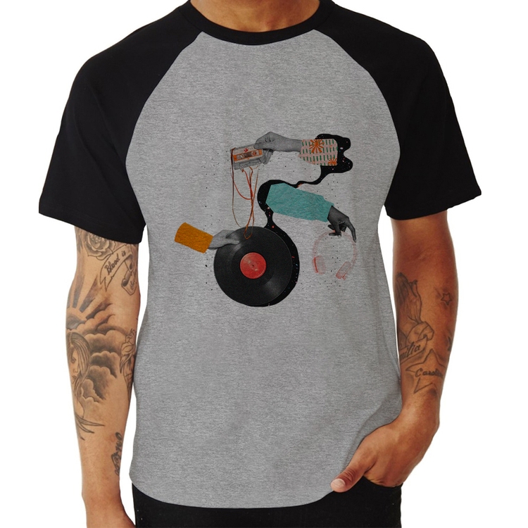 Camiseta Raglan Retro Music - Cinza/Preto