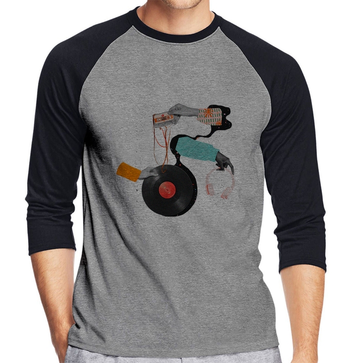 Camiseta Raglan Retro Music Manga 3/4 - Cinza/Preto