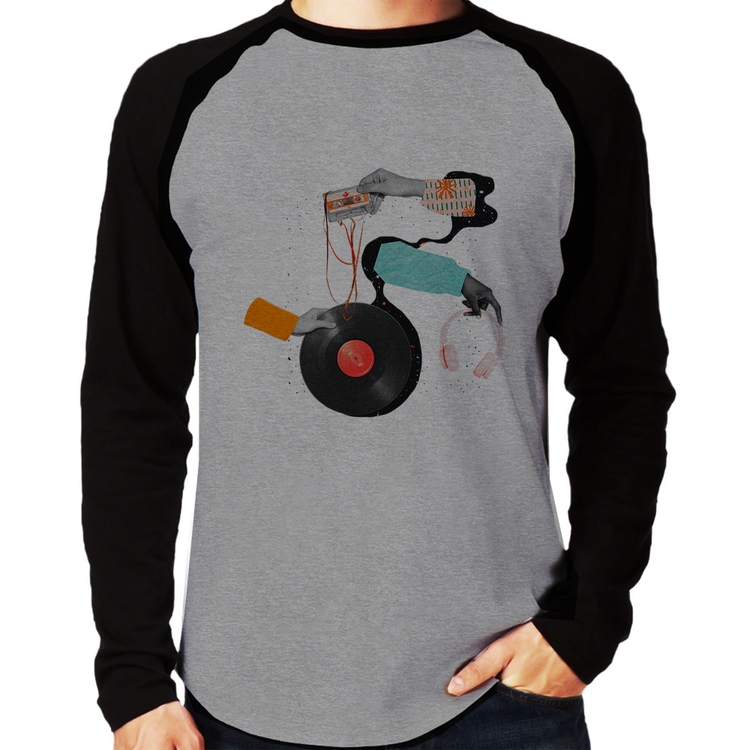Camiseta Raglan Retro Music Manga Longa - Cinza/Preto