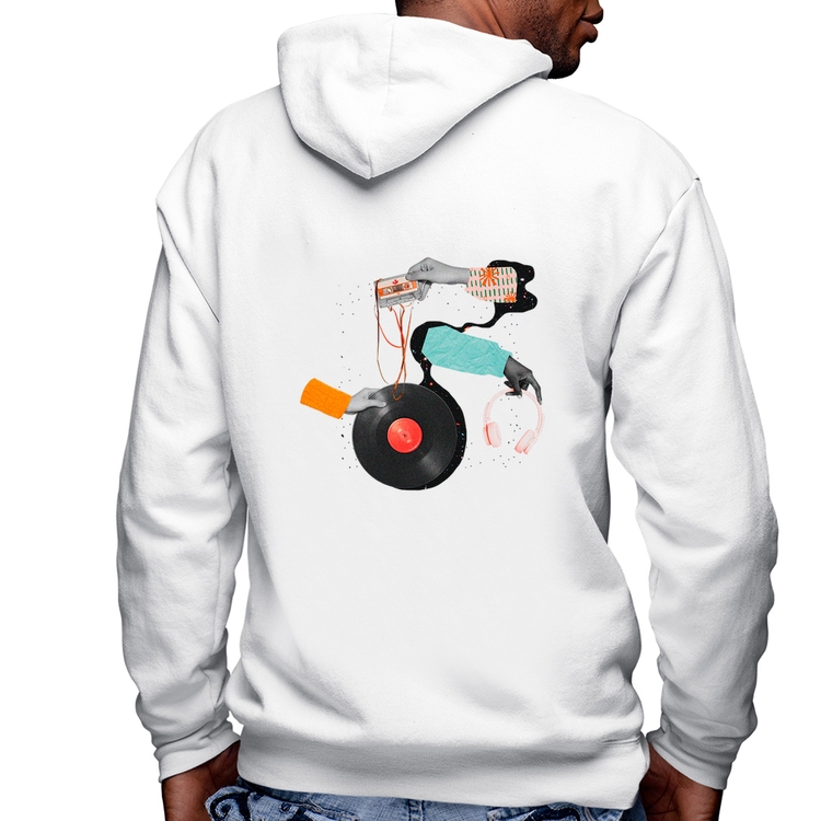 Blusa Moletom Retro Music Masculina com Capuz e Zíper - Branca