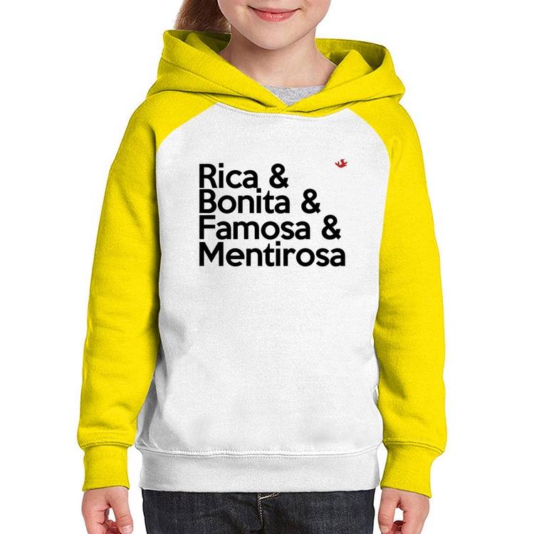 Moletom Infantil Rica & Bonita & Famosa & Mentirosa - Branco/Amarelo