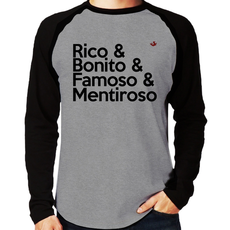 Camiseta Raglan Rico & Bonito & Famoso & Mentiroso Manga Longa - Cinza/Preto