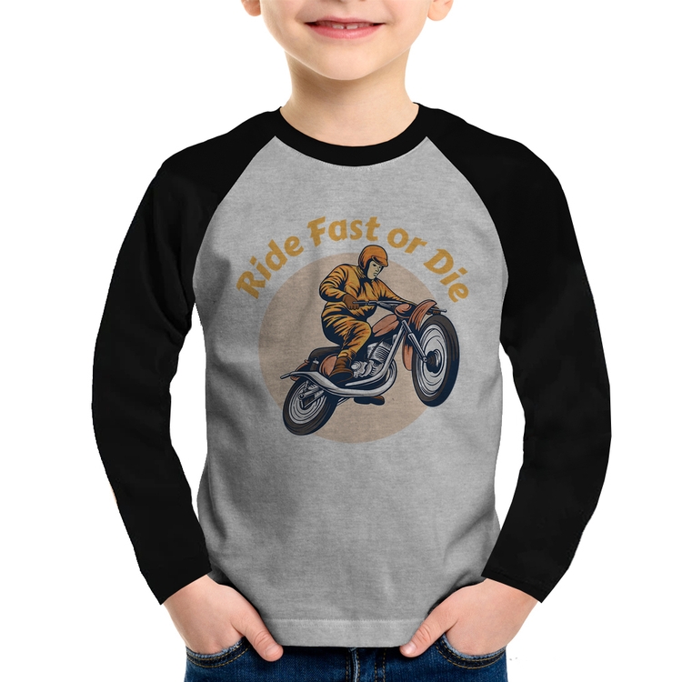 Camiseta Raglan Infantil Ride Fast Or Die Manga Longa - Cinza/Preto