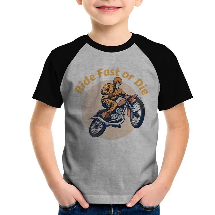 Camiseta Raglan Infantil Ride Fast Or Die - Cinza/Preto