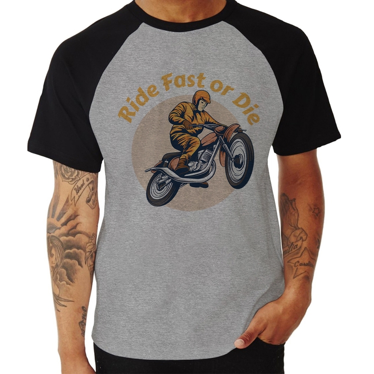 Camiseta Raglan Ride Fast Or Die - Cinza/Preto