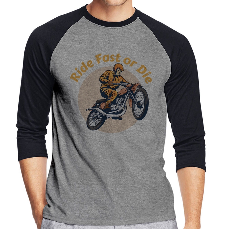 Camiseta Raglan Ride Fast Or Die Manga 3/4 - Cinza/Preto