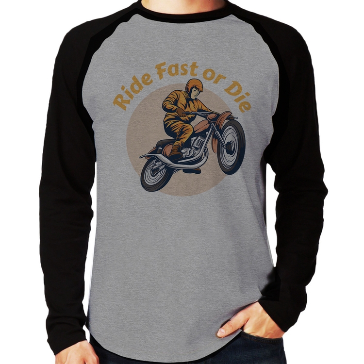 Camiseta Raglan Ride Fast Or Die Manga Longa - Cinza/Preto