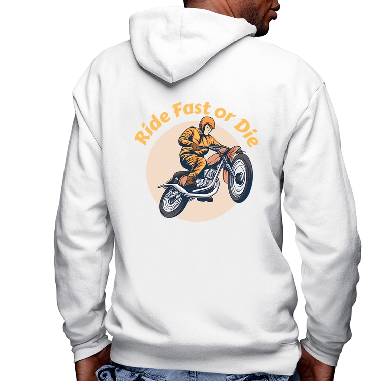 Blusa Moletom Ride Fast Or Die Masculina com Capuz e Zíper - Branca