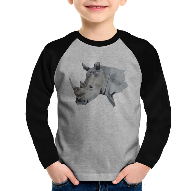 Camiseta Raglan Infantil Rinoceronte Manga Longa - Cinza/Preto