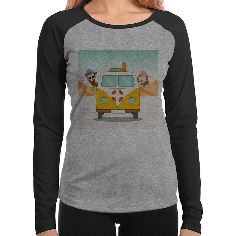 Baby Look Raglan Road Trip Manga Longa - Cinza/Preto