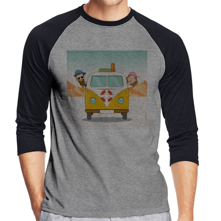 Camiseta Raglan Road Trip Manga 3/4 - Cinza/Preto