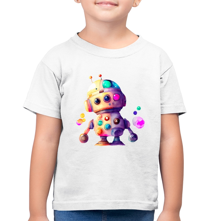 Camiseta Algodão Infantil Robô Colorido - Branca