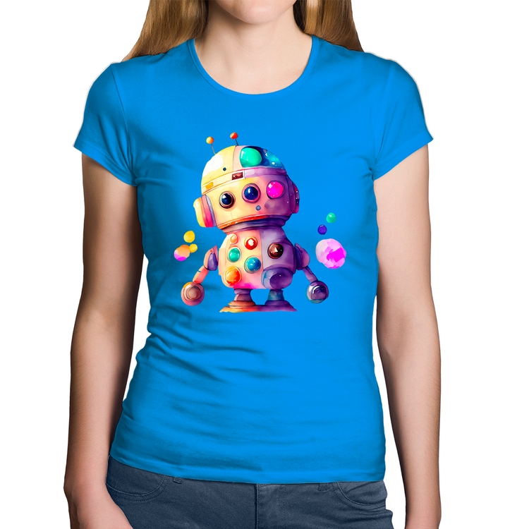 Baby Look Algodão Robô Colorido - Azul