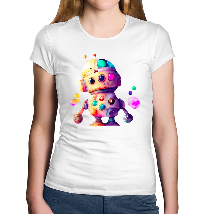 Baby Look Algodão Robô Colorido - Branca