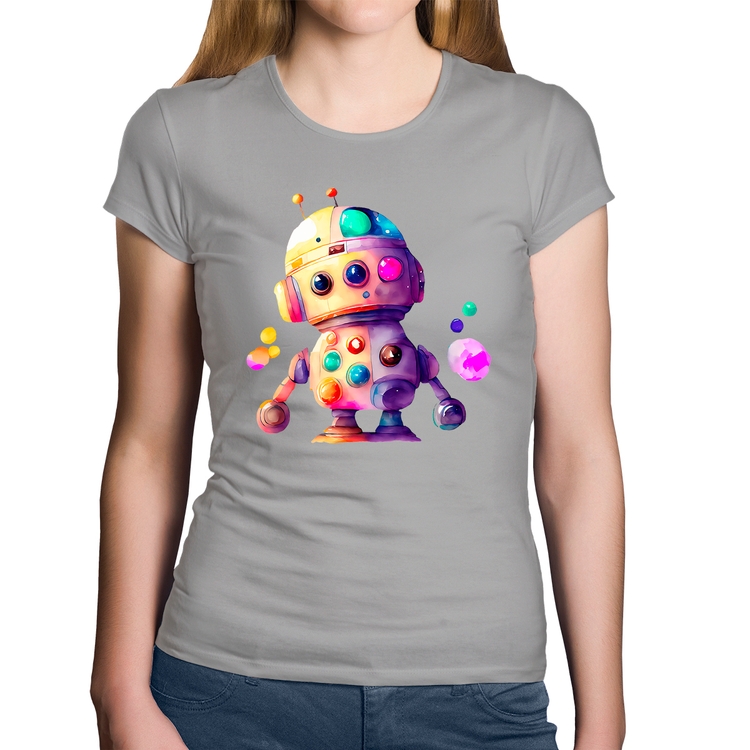 Baby Look Algodão Robô Colorido - Cinza