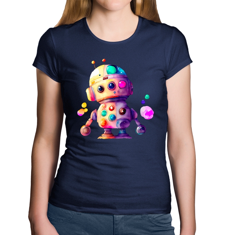 Baby Look Algodão Robô Colorido - Marinho