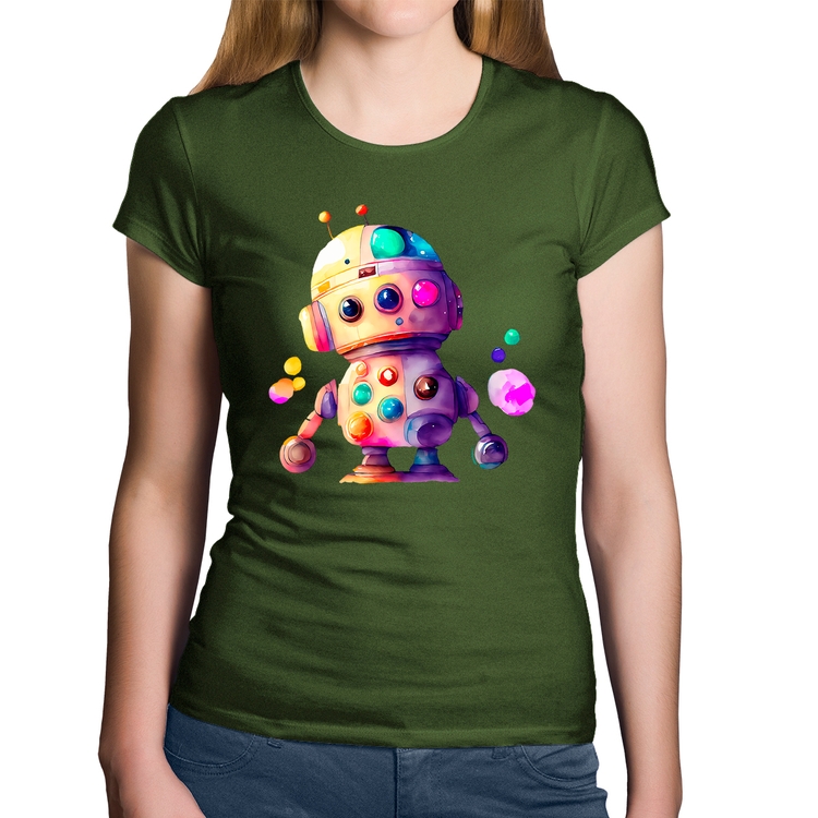 Baby Look Algodão Robô Colorido - Musgo