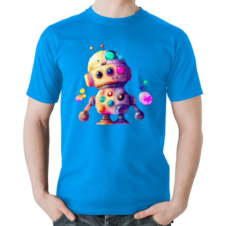 Camiseta Algodão Robô Colorido - Azul