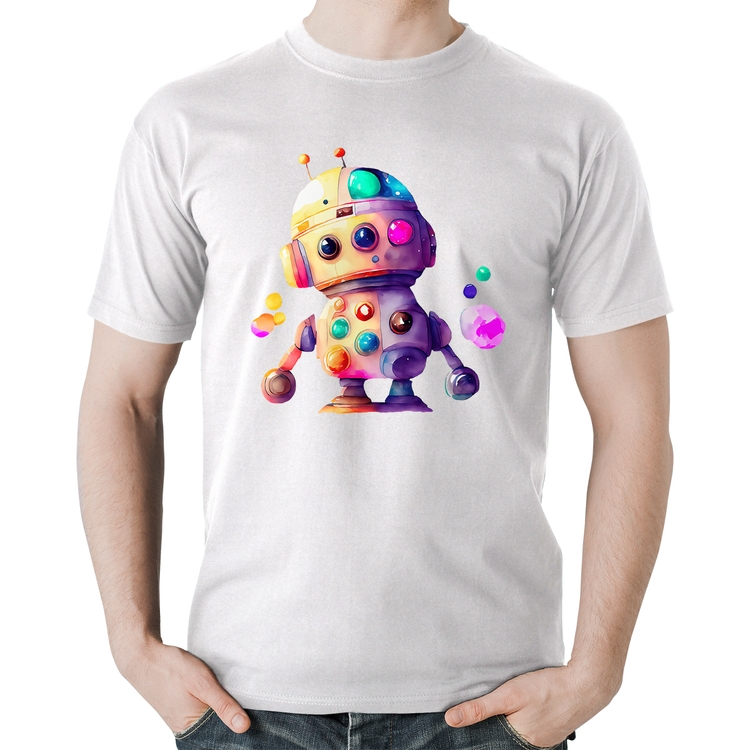 Camiseta Algodão Robô Colorido - Branca