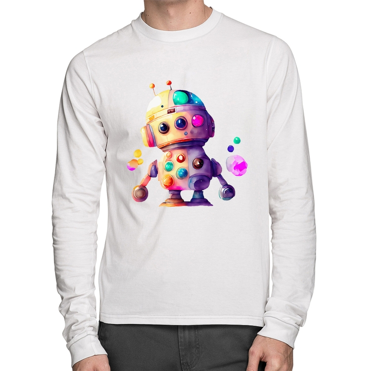Camiseta Algodão Robô Colorido Manga Longa - Branca