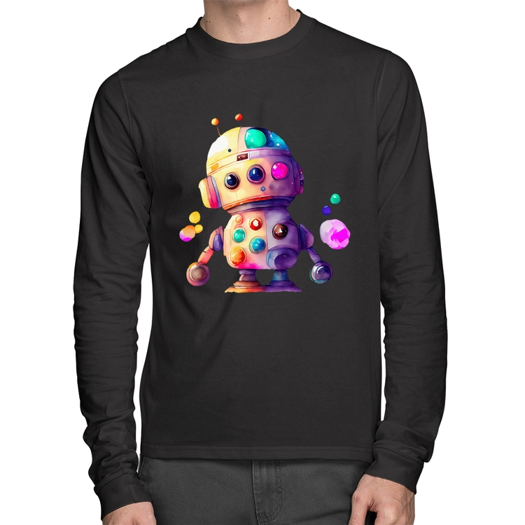Camiseta Algodão Robô Colorido Manga Longa