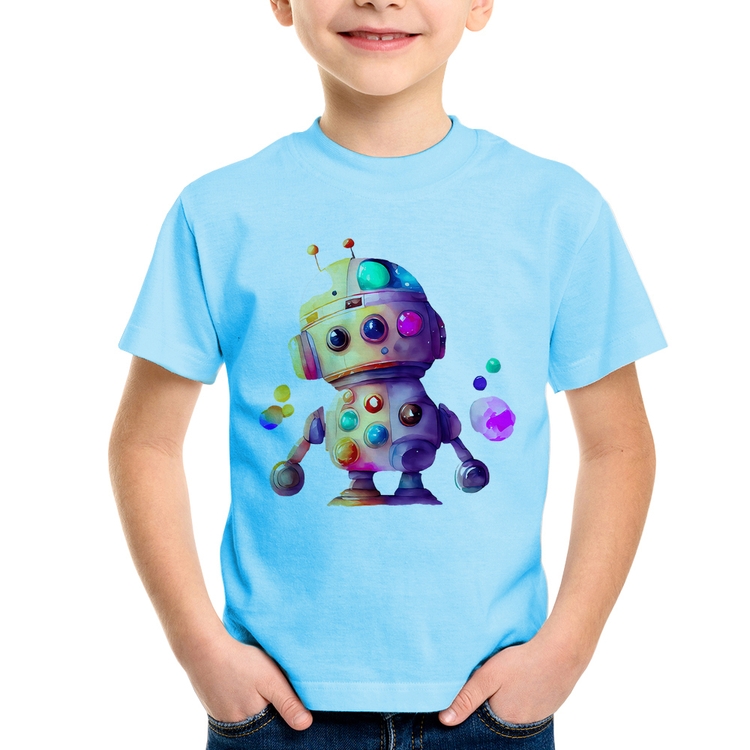 Camiseta Infantil Robô Colorido - Azul Bebê