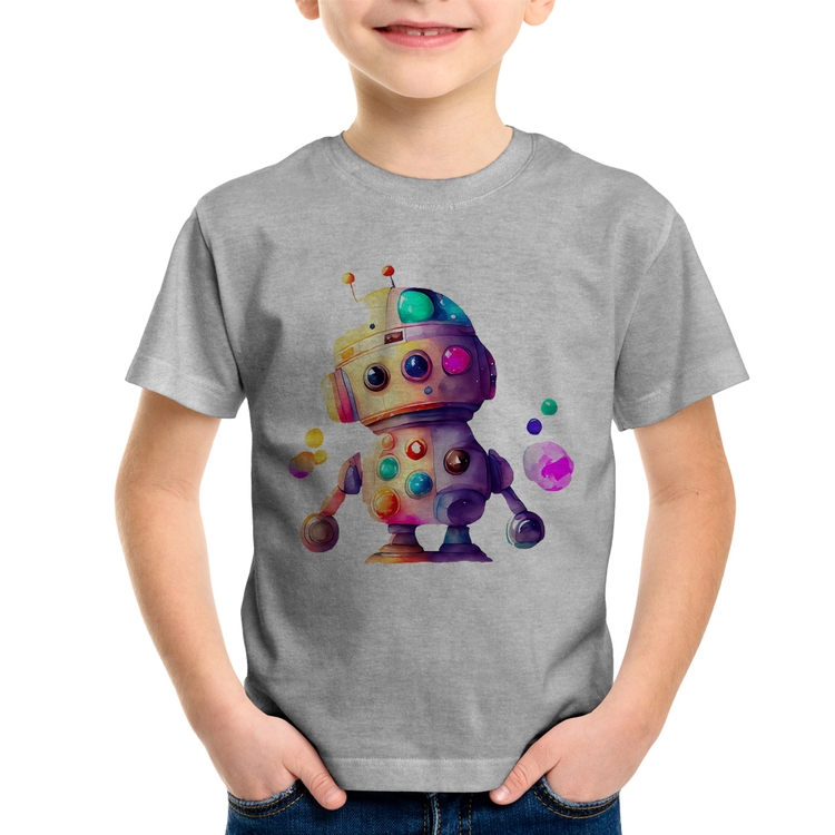 Camiseta Infantil Robô Colorido - Cinza