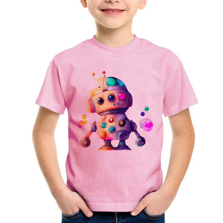 Camiseta Infantil Robô Colorido - Rosa Bebê