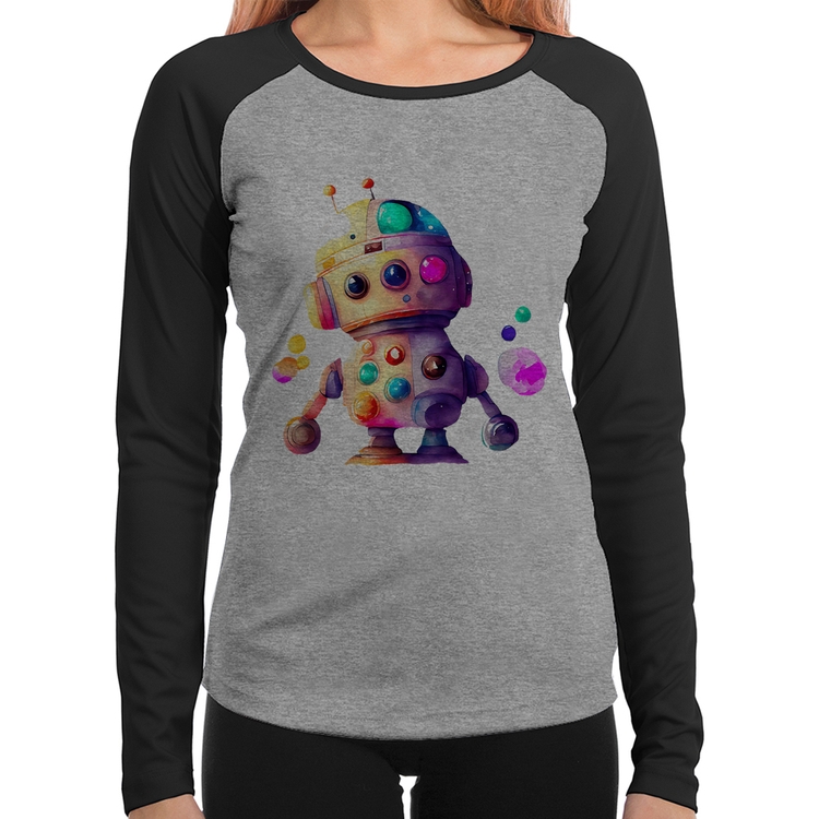 Baby Look Raglan Robô Colorido Manga Longa - Cinza/Preto