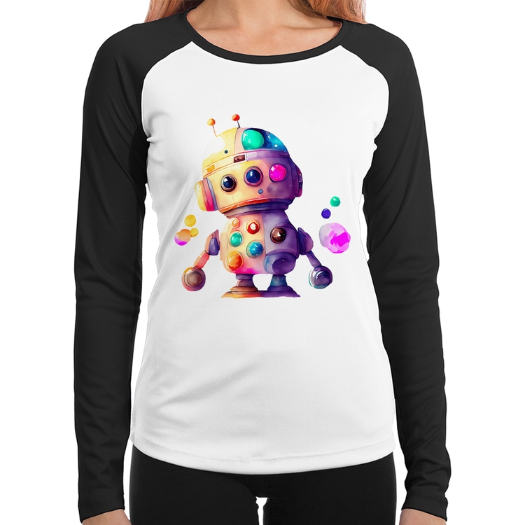 Baby Look Raglan Robô Colorido Manga Longa