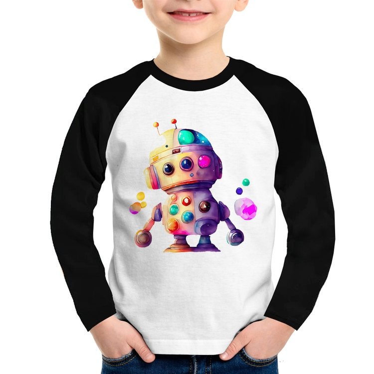 Camiseta Raglan Infantil Robô Colorido Manga Longa