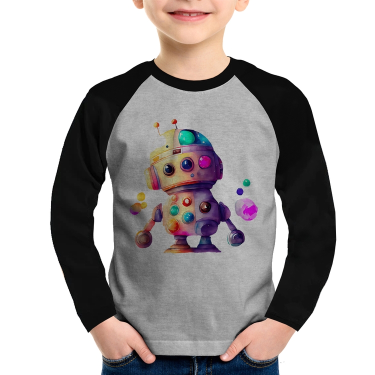 Camiseta Raglan Infantil Robô Colorido Manga Longa - Cinza/Preto