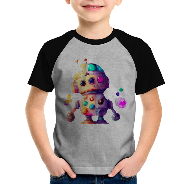 Camiseta Raglan Infantil Robô Colorido - Cinza/Preto