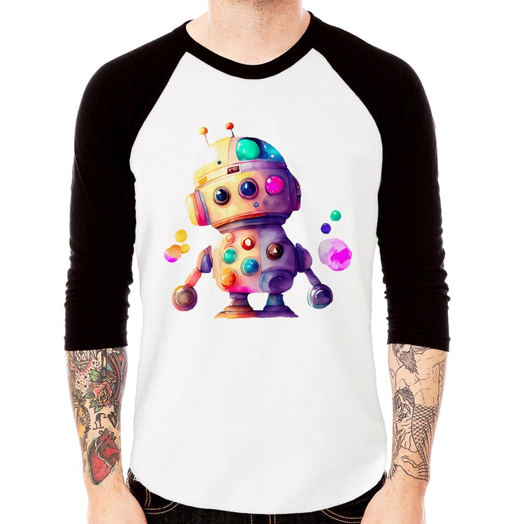 Camiseta Raglan Robô Colorido Manga 3/4