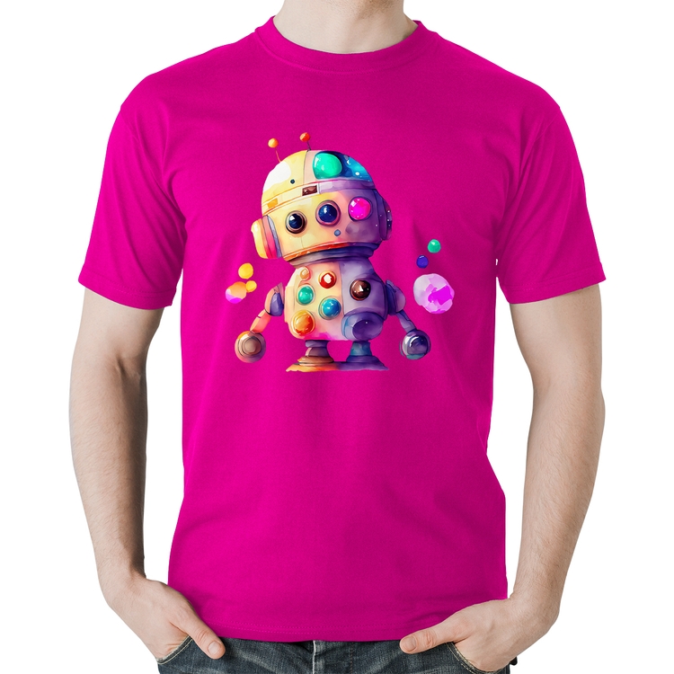 Camiseta Algodão Robô Colorido - Rosa