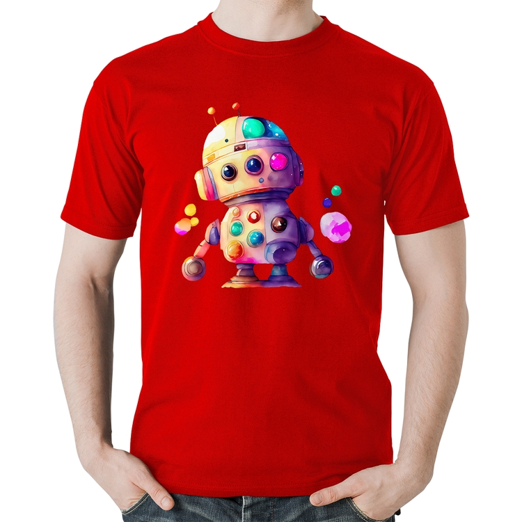 Camiseta Algodão Robô Colorido - Vermelha