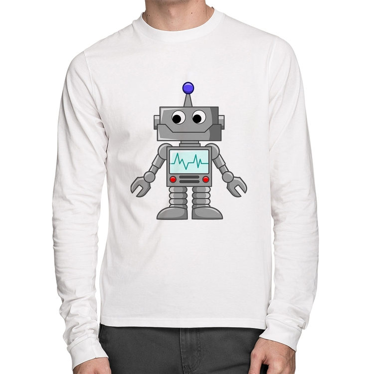 Camiseta Algodão Robozinho Manga Longa - Branca