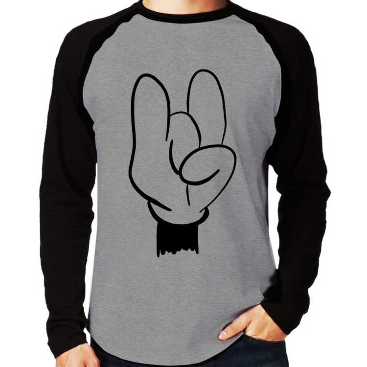 Camiseta Raglan Rock Hand Manga Longa - Cinza/Preto