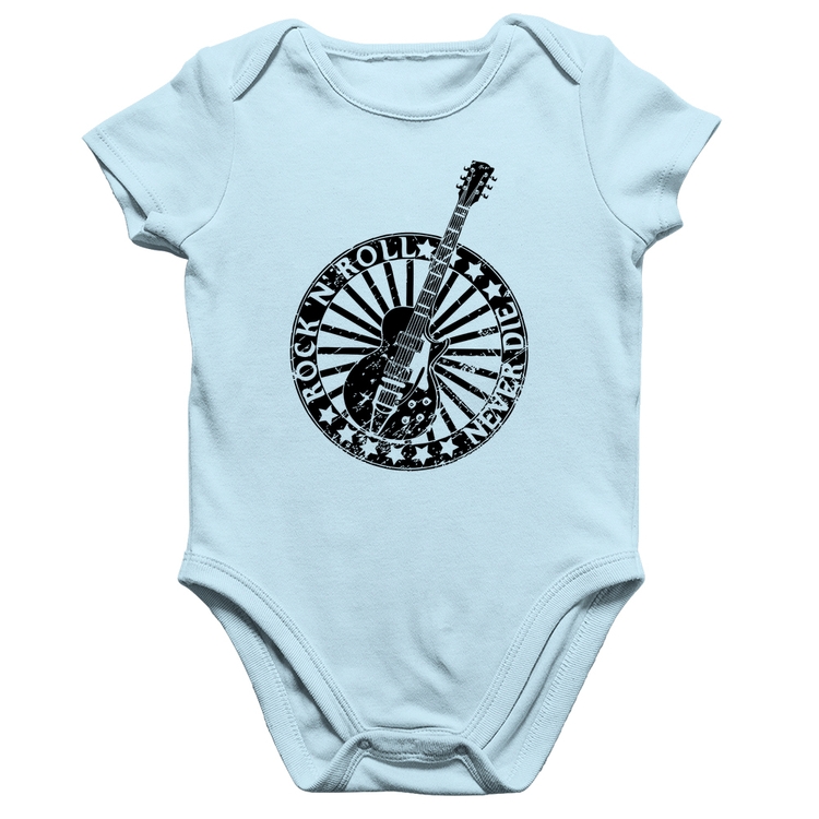 Body Bebê Algodão Rock n Roll Never Die Guitarra - Azul Bebê