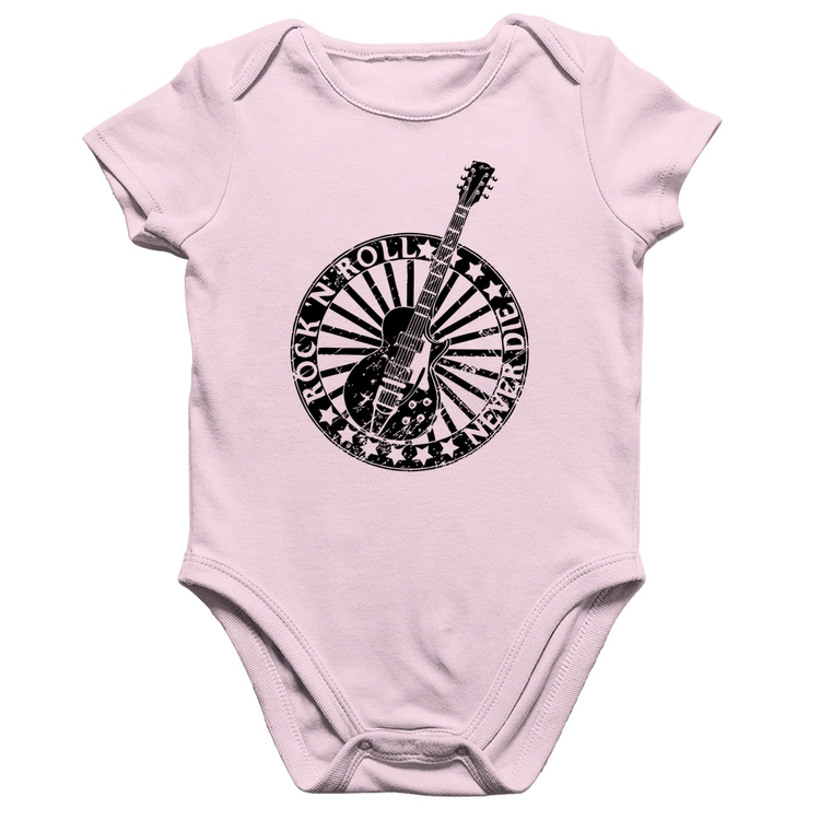 Body Bebê Algodão Rock n Roll Never Die Guitarra - Rosa Bebê